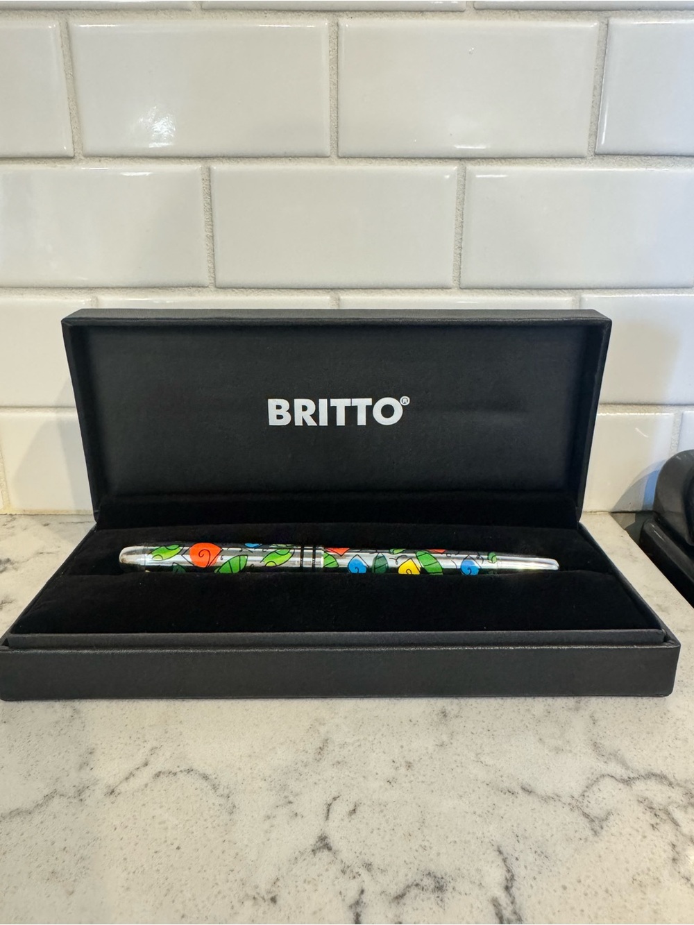 New In Box Britto Roller Pen Colorful Roses Gift Silver
